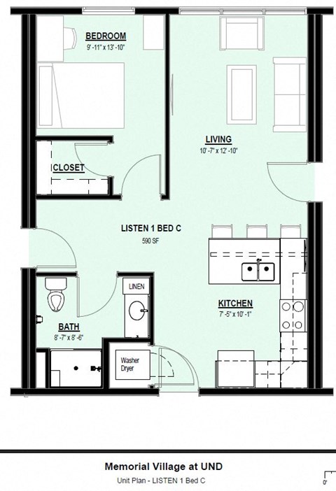 Floor plan for 1 bed, 1 bath, 590 sqft